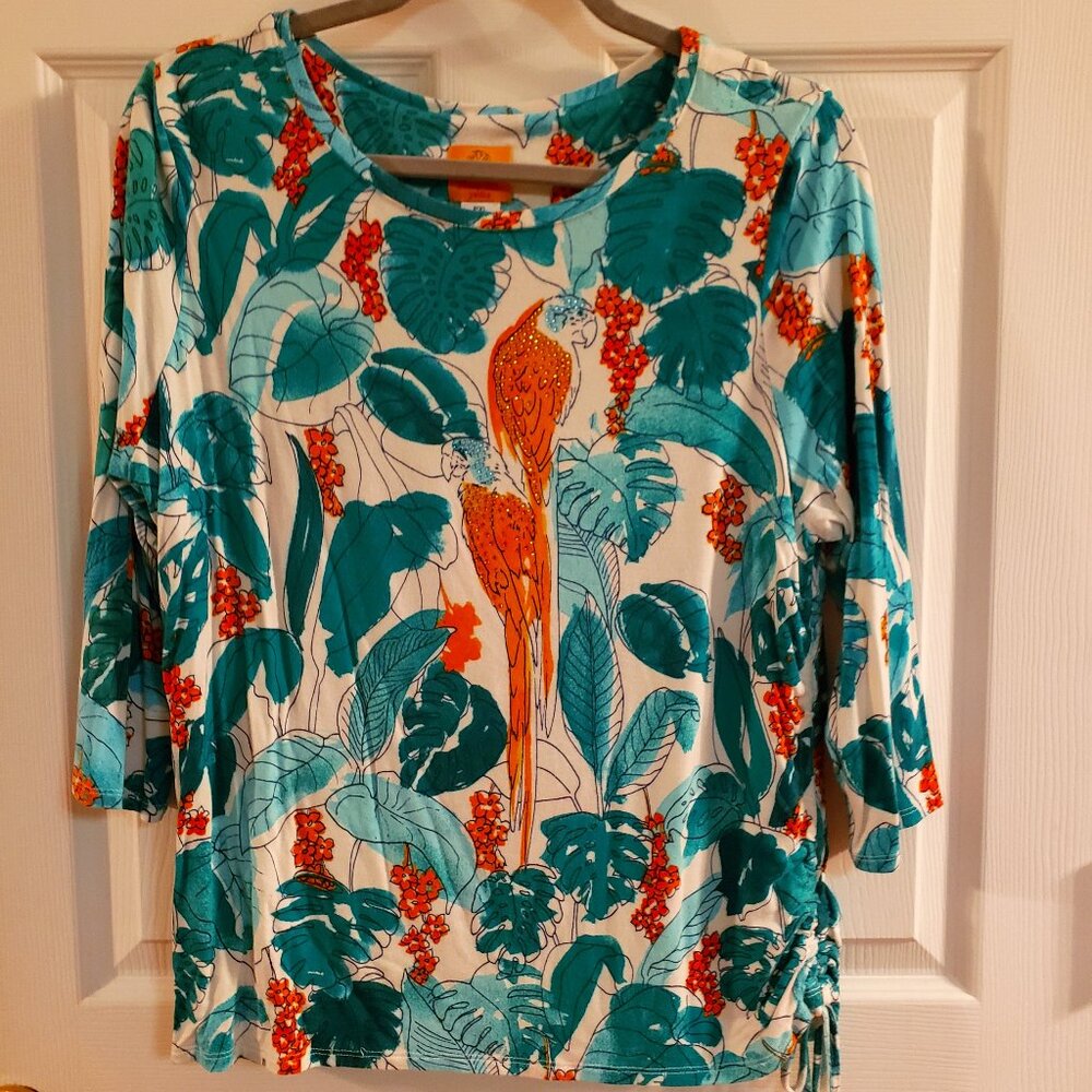 Ruby Rd. floral tropical with parrot, sz PXL 3/4 sleeve - Picture 1 of 5